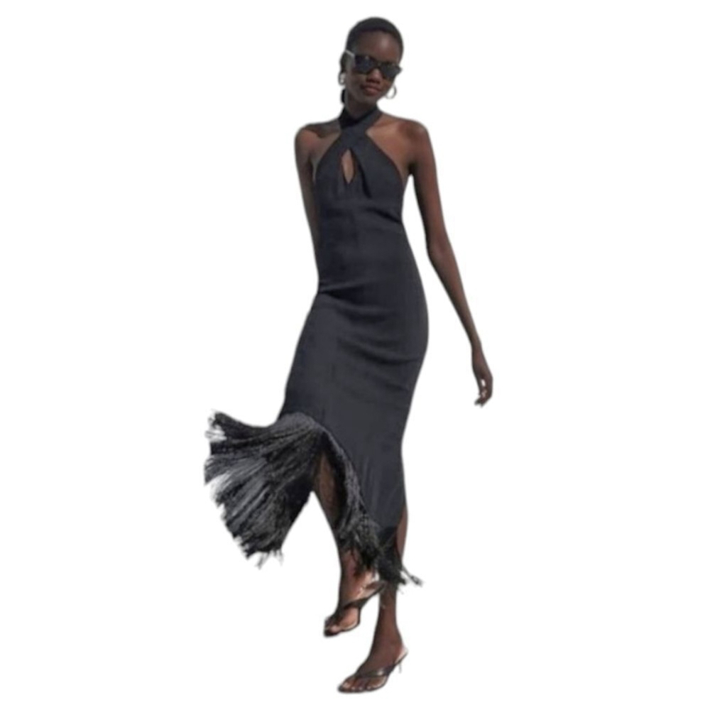 J. Crew Fringe Hem Halter-neck Dress Crepe Party Wedding Guest NWT Sz 10